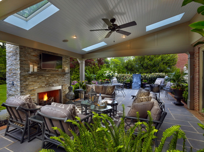 Covered patio with outdoor fireplace #patiofireplace Megan Gorelick Interiors