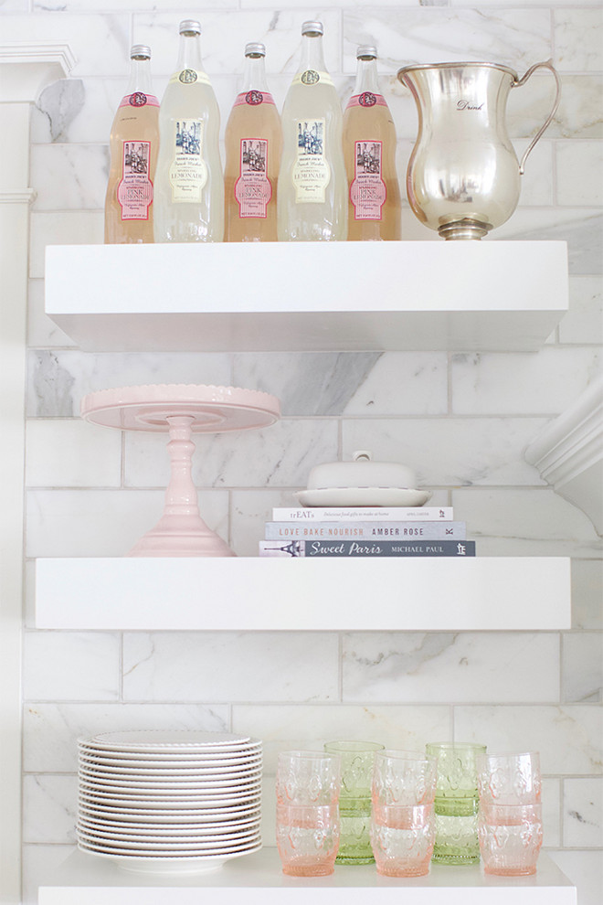 Kitchen Floating Shelves. White marble tile backsplash and Kitchen Floating Shelves. Kitchen Floating Shelves against marble tile backsplash #KitchenFloatingShelves Pink Peonies.