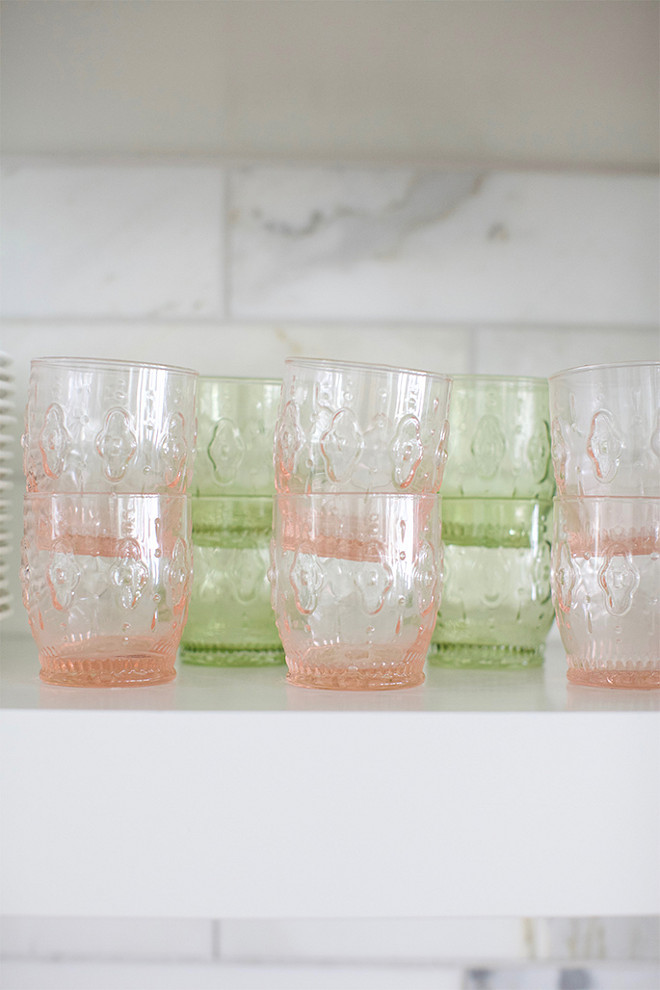 Kitchen Floating Shelving Cup Ideas. Kitchen with pastel color cups on white floating shelves. #kitchen #Cups #FloatingShelves Pink Peonies.