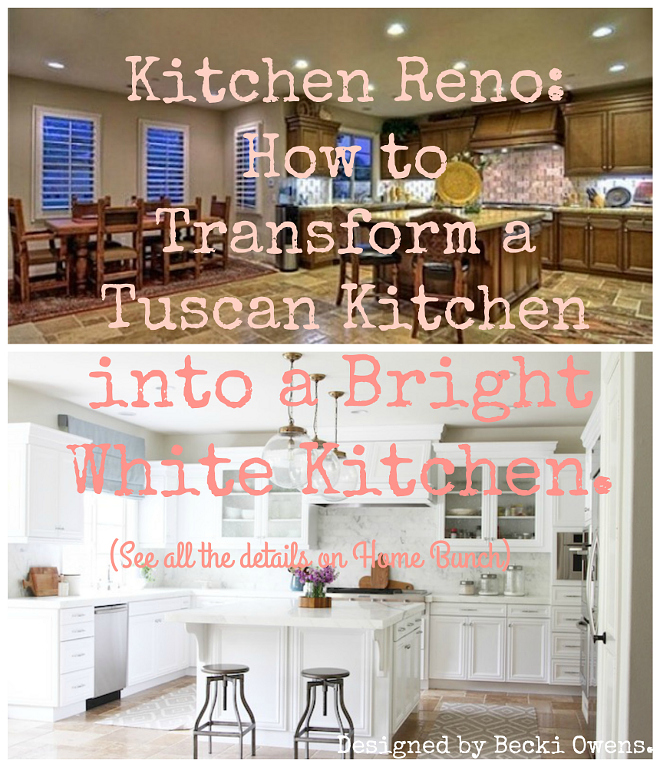 Kitchen Reno Before and After Pitcures. How to transform a Tuscan Kitchen into a Bright White Kitchen #Kitchenreno #Kitchenbeforeafter #beforeafterpictures #beforeafterkitchen Becki Owens