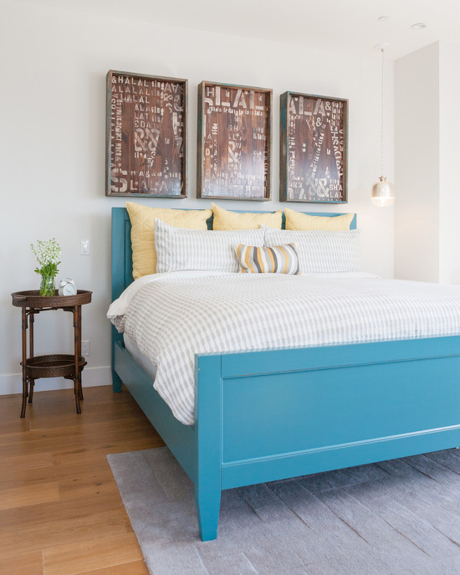 Master Bedroom Blue Bed and DIY Art. Cottage bedroom ideas. Cottage bedroom with blue bed and DIY art. Jasmine Roth.