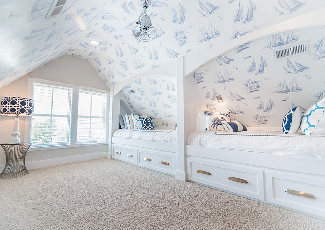 Bunk Room Wallpaper York Wall – Sherwin Williams - Ghent Pattern #: AC6139 Pattern Name: Sailboat Toile Collection: 476-By The Sea. Design by Strickland Homes