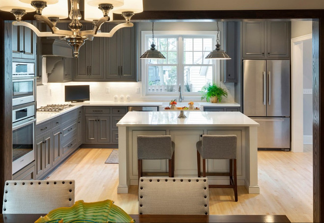 Gray kitchen with white island. Charcoal Gray kitchen with white island. Gray kitchen with white island paint color. Gray kitchen with white island #Graykitchenwhiteisland #ChacoalGraykitchenwhiteisland #Graykitchen #whiteisland Alexander Design Group, Inc.