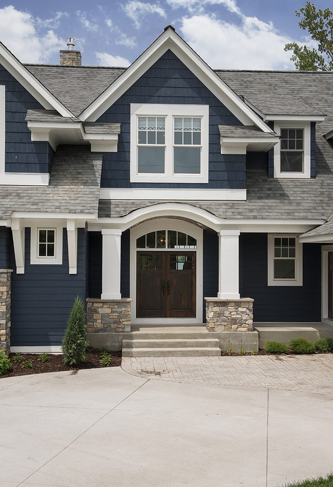 Navy exterior paint color with white trim. Navy exterior paint color is Benjamin Moore Hale Navy. Navy exterior white trim home ideas. Navy homes. Navy home Ideas. Navy home white trim paint color ideas. #Navyhomes #Navyexterior #navyhomepaintcolor #BenjaminMooreHaleNavy #Navyhomewhitetrim