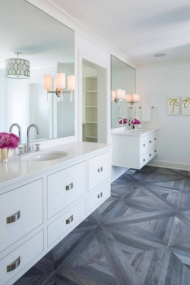 Bathroom Wood Tile Flooring. Bathroom with wood-like floor tiles. The wood like flooring selected for this bathroom is a 30" x 30" tile from AKDO. #Bathroom #Bathroomflooring #woodlikefloortiles #woodtiles #woodfloortile Martha O'Hara Interiors