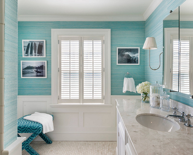 Bathroom turquoise wallpaper by Phillip Jefffries. Phillip Jefffries wallpaper. Bathroom with Turquoise Grasscloth and Wainscoting. The turquoise bathroom wallpaper is by Phillip Jefffries. Phillip Jefffries Turquoise wallpaper. Bathroom wallpaper #PhillipJefffriesWallpaper #Turquoisewallpaper #Bathroomwallpaper Kate Jackson Design