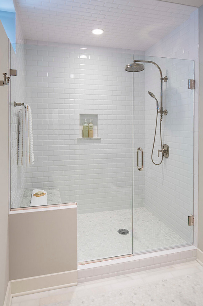 Beveled Subway Tile in Shower. Shower with Beveled Subway Tiles on Walls and Ceiling. Beveled Subway Tiles. #Bathroom #BeveledSubwayTile #BathroomBeveledSubwayTile #BathroomBeveledSubwayWallTile Martha O'Hara Interiors
