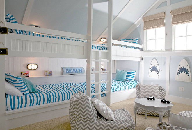 Beach house Bunk Room. Beach house Bunk Room with Four Bunk Beds. Beach house Bunk Room. Beach house Bunk Room Bunk Beds #BeachhouseBunkRoom #Beachhouse #BunkRoom #Bunkbeds #fourbunkbeds #4bunkbeds Kevin Noble via Houzz.