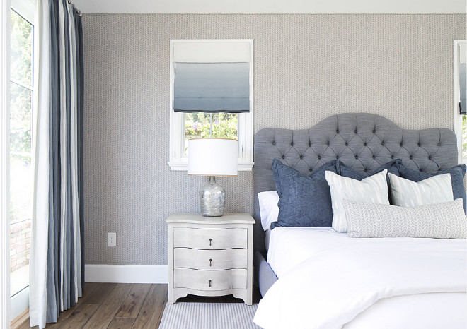 Bedroom. Bedroom with wallpaper and ombre Roman shades. #bedroom #BedroomWallpaper #Ombreshades #OmbreRomanShades Brooke Wagner Design