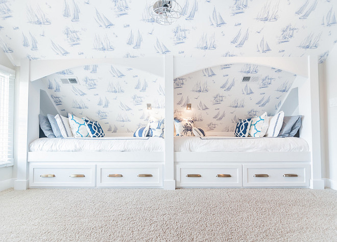 Bunk Room Beds. Bunk Room Bed Ideas. Bonus room turned into bunk room with custom beds and coastal wallpaper. The bed pulls are Restoration Hardware Gilmore Pull. #BunkRoom