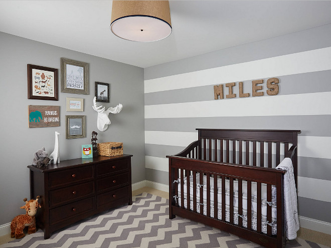 Gray Nursery. Gray Nursery with wall stripes and chevron rug. Gray Nursery wall stripes. Gray stripes. #GrayNursery #wallstripes #graystripes #chevronrug Francesca Owings Interior Design