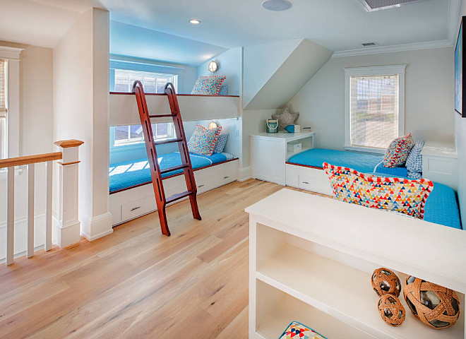 Kids Bunk Room. Colorful kids bunk room with bunk beds and built in twin beds. #bunkroom #bunkbeds #colorfulinteriors