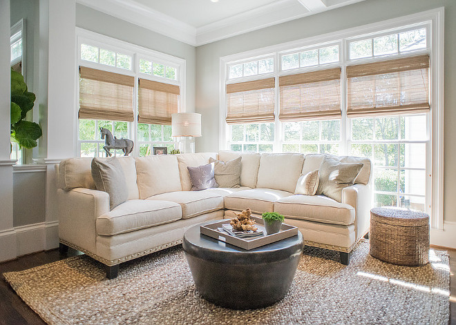 Living room Woven Shades Neutral living room with woven shades on windows. Living room Woven Shades. Woven shades are from Elite Window fashions. #Wovenshades #livingroom #livingroomwindows