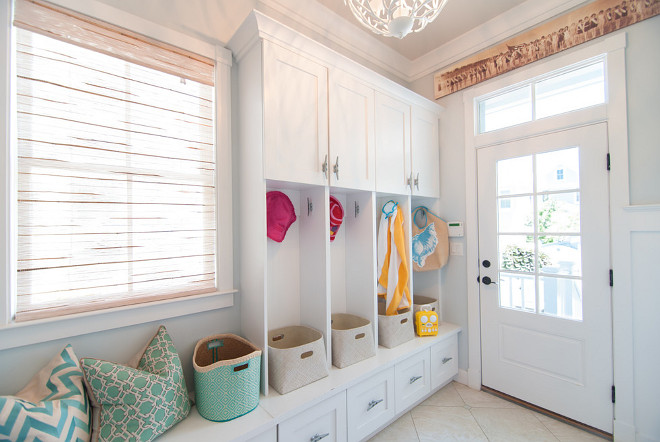 Mudroom Cubbies and Bench. Mudroom features Cubbies and Bench below window. Mudroom Cubbies and Bench Ideas. Mudroom Cubbies and Bench Layout #Mudroom #MudroomCubbies #MudroomBench Strickland Homes
