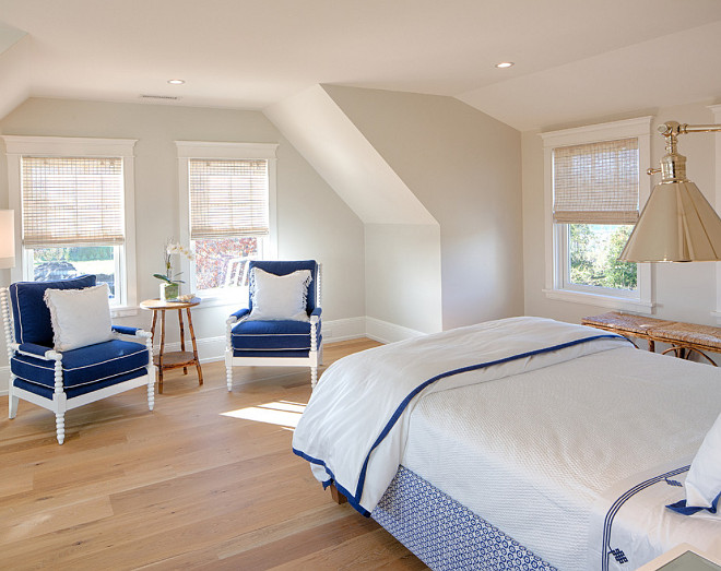 Neutral bedroom with blue and white accents. Sullivan Associates Architects