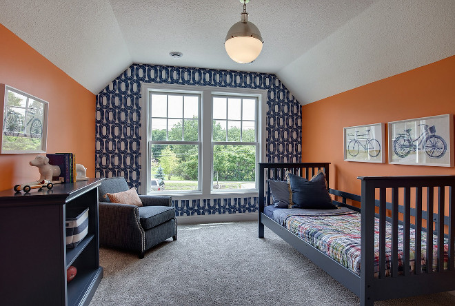 Orange and Navy Bedroom. Orange and Navy Bedroom Ideas. Orange and Navy Kids Bedroom. Orange and Navy Bedroom Accent wall with wallpaper #OrangeandNavy #Bedroom #OrangeandNavyBedroom