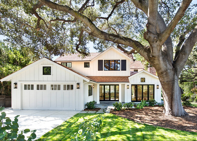 black window trim board and batten driveway garage lawn modern farmhouse new home construction shutters tree white farmhouse Chase & Arnold, Inc.