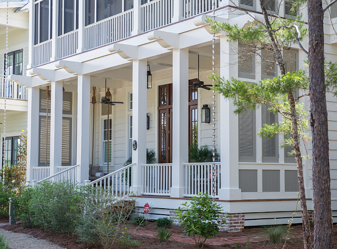 Exterior Paint Color: Main Body -BM Maritime White, Trim- BM Navajo White, Shutter – BM Briarwood. Complete Exterior Paint Colors. #BMMaritimeWhite #BMNavajoWhite #BMBriarwood Interiors by Courtney Dickey and T.S. Adams Studio.