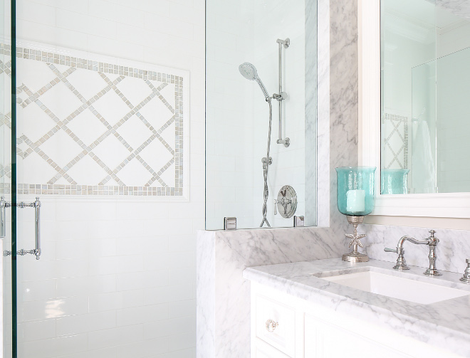Bathroom. Beautiful combination of tiles. Bathroom tile combination ideas. #Bathroom #Bathroomtilecombination Patterson Custom Homes. Interiors by Trish Steele, Churchill Design. 