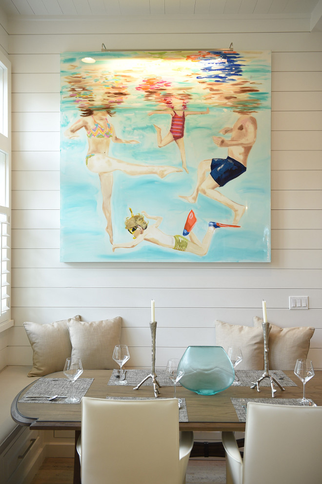 Beach house painting. Artwork is by Ashley Longshore. Beach house art ideas. Coastal art. Beach house painting ideas. Beach house art. #Beachhouseart #CoastalArt #Beachhousepainting #painting #art #Artwork #AshleyLongshore Interiors by Courtney Dickey of TS Adams Studio.