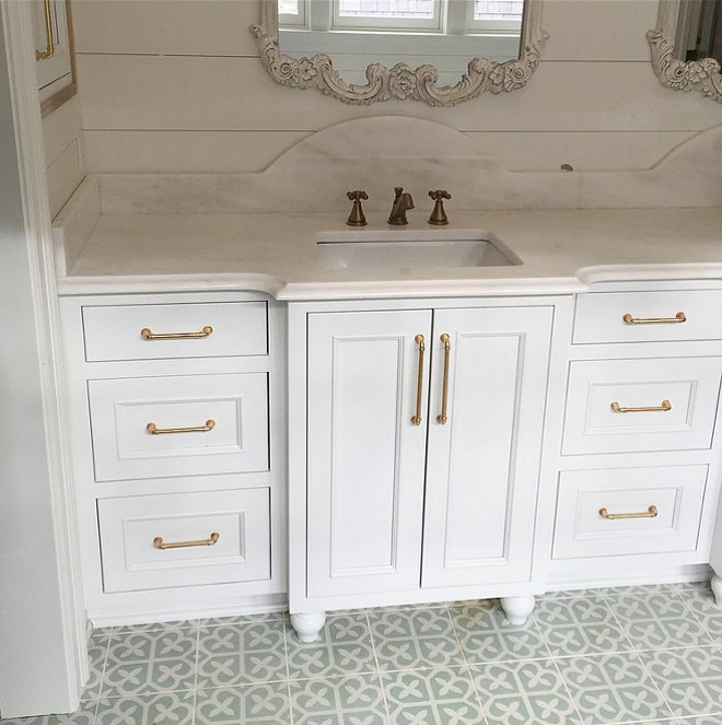 Neutral Cement Tile. This bathroom features neutral cement tiles from "Cement Tile Shop", large plank walls and white inset cabinetry. Bathroom with neutral cement tile by Cement Tile Shop. Bathroom cement tile. #Bathroomcementtile #CementTileShop #Neutralcementtile #cementtileideas Artisan Signature Homes.