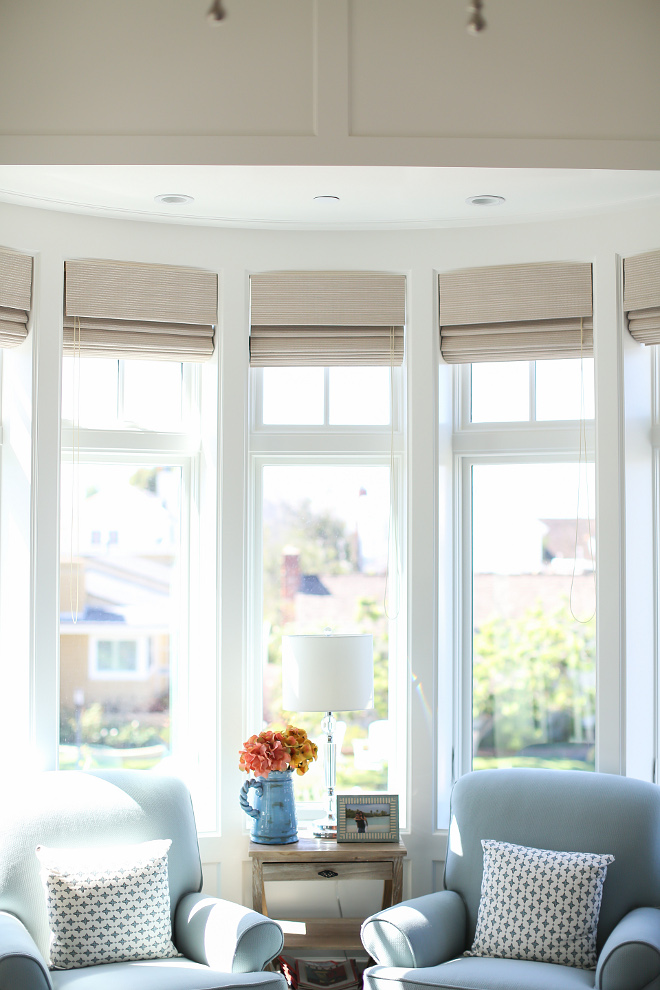 Bay window covering. Bay window covering. I find the best way to dress bay windows is by adding Roman shades to them. They usually look subtle and simple. Bay window covering ideas. #Baywindowcovering Patterson Custom Homes. Interiors by Trish Steele, Churchill Design.