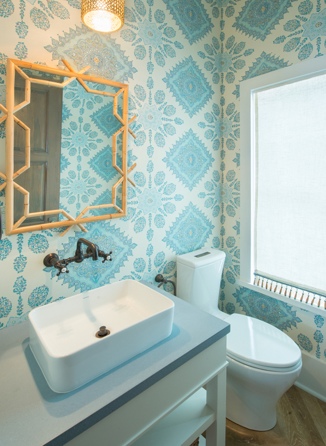 Powder Room Wallpaper. Powder Room Wallpaper source on the blog. Powder Room Wallpaper This has to be one of my favorite rooms in the house! Simply gorgeous! Wallpaper: Quadrille Isfahan Multi Turquoise Celedon Teal on Cream HC1980C-05. Vanity: Custom, painted in Benjamin Moore White Dove. Countertop: Concrete. Wall Faucet: Rohl. Mirror: Serena and Lily. Light Fixture: Regina Andrews. Flooring is reclaimed Oak. #PowderRoomWallpaper