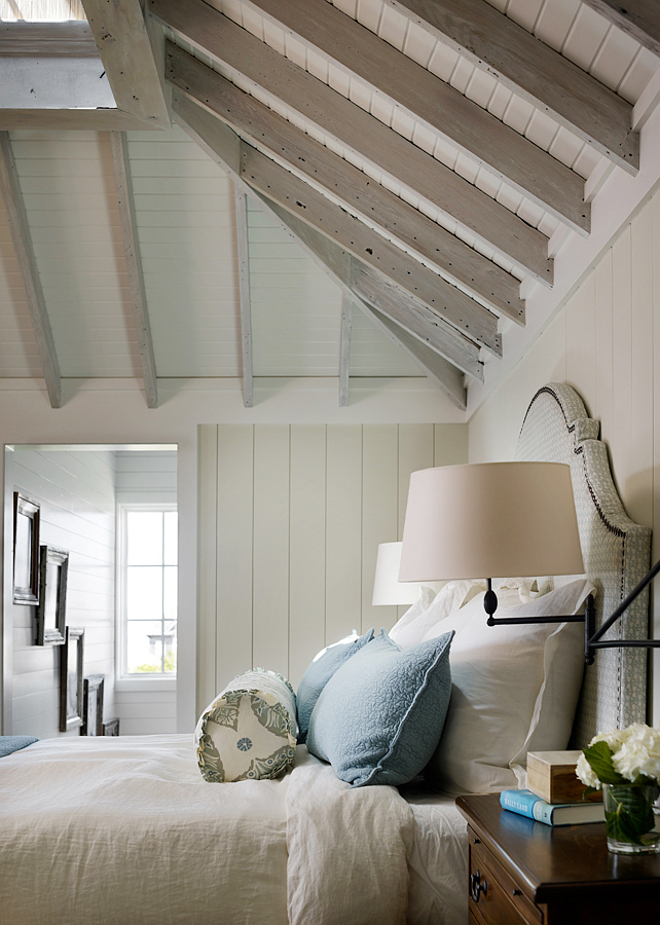 White washed beams and rafters. Bedroom features white washed beams, rafters vertical wall planks. #WhitewashedCeiling #Whitewashedbeams #whitewashedwoodceiling #whitewashedwood #whitewashedbeams #whitewashedrafters T.S. Adams Studio, Architects