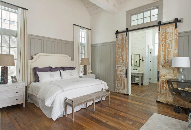 Bedroom Paint Color: Wainscoting: Sherwin Williams Dorian Gray. White Venetian Plaster: BM White Dove. #SherwinWilliamsDorianGray #WhiteVenetianPlaster #BMWhiteDove. Interiors by Courtney Dickey and T.S. Adams Studio. 