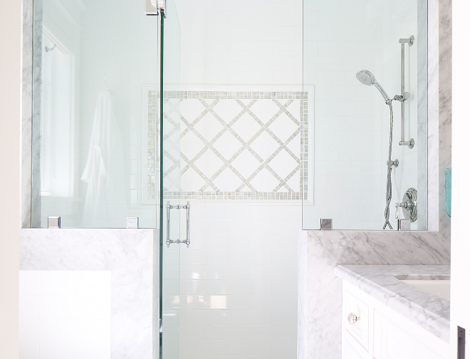 White subway tile in shower. The shower feels extra bright thanks to its white subway tiles. #shower #subwaytile #whitesubwaytile Patterson Custom Homes. Interiors by Trish Steele, Churchill Design. 