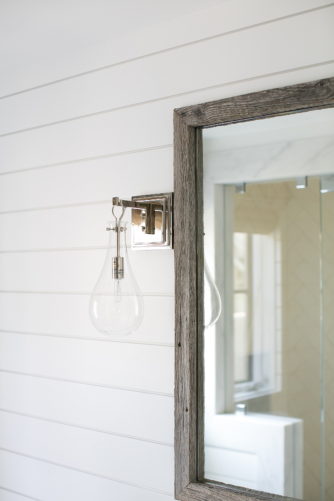Reclaimed Wood Mirror. The sconce is from Arteriors and is called the Sabine Sconce. Reclaimed Wood Mirror Ideas. Reclaimed Wood Mirrors. Reclaimed Wood Mirror Stain. Natural Reclaimed Wood Mirror. #ReclaimedWoodMirror Patterson Custom Homes