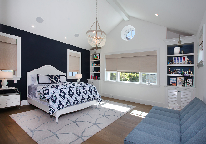 Bedroom. Navy blue and white bedroom. This navy blue and white bedroom features custom built ins. Patterson Custom Homes. Interiors by Trish Steele of Churchill Design. 