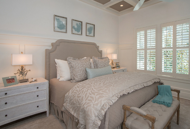 Bedroom. Neutral bedroom decor. The master bedroom feels relaxing and comfortable thanks to its neutral decor. Headboard and bedding are from Codarus. Bedside tables are Noir. Rug is Dash and Albert. Bench is Gabby Home. Artwork above bed- Karen Robertson Corals. #bedroom #bedroomdecor #neutrabedroom #neutralinteriros Interiors by Courtney Dickey of TS Adams Studio.