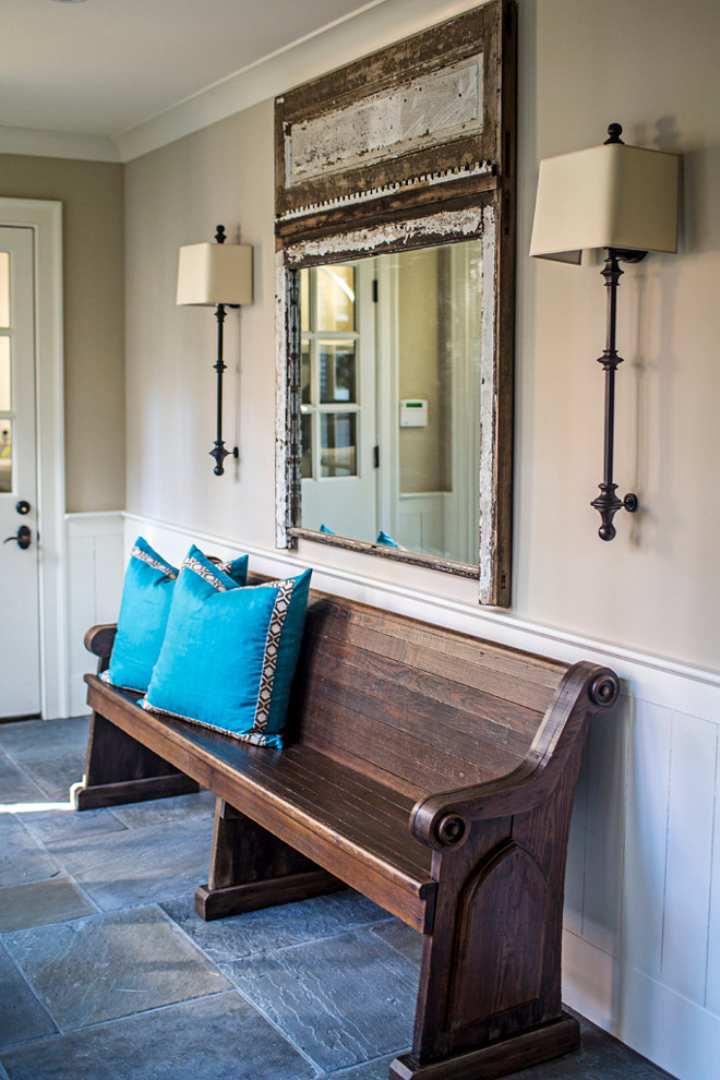 Church pew foyer ideas. Foyer features a vintage church pew. Church pew foyer. #ChurchPew #Pew #Vintagepew #vintagechruchpew #pewstain #foyer Tillman Long Interiors.