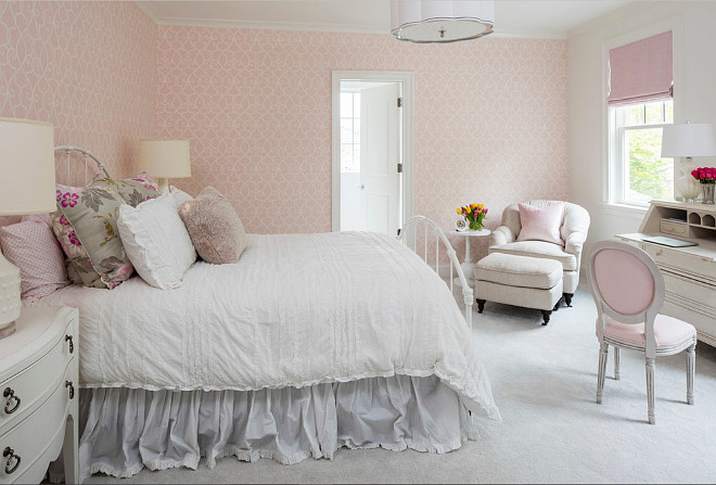 Girls bedroom with pale pink wallpaper by Thibaut Wallpaper. Pale pink. wallpaper. Thibaut Wallpaper. #Girlsbedroom #palepink #pink #wallpaper #ThibautWallpaper Martha O'Hara Interiors