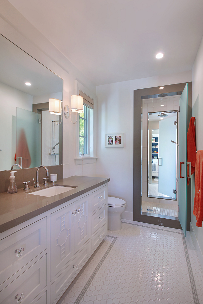 Jack and jill bathroom layout. Spacious Jack and Jill bath with each girl having their own vanity and toilet, shared shower with opaque glass doors. Jack and jill bathroom layout ideas. #Jackandjill #bathroom #layout Patterson Custom Homes. Interiors by Trish Steele of Churchill Design. 