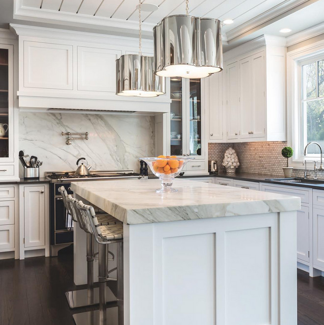 Kitchen Lighting. Kitchen Island Lighting. Kitchen island lighting is Basil Small Hanging Shades by Alexa Hampton in Polished Nickel. #BasilSmallHangingShades #AlexaHamptonLighting SIR Development