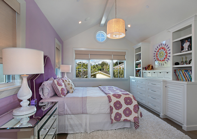 Lavender Teen Bedroom. Lavender inspired room with mirrored nightstands and custom upholstered bed. Large custom built in with fun art. Patterson Custom Homes. Interiors by Trish Steele of Churchill Design. 