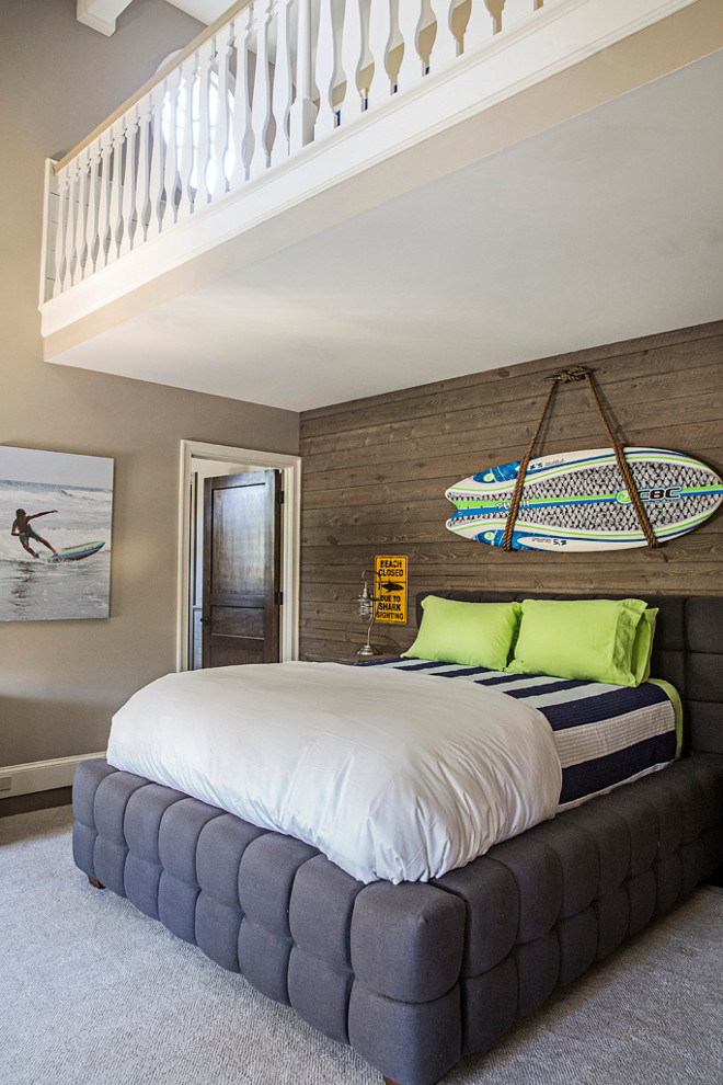 Loft bedroom. Loft bedroom with reclaimed wood accent wall. Loft bedroom with reclaimed wood accent shiplap wall. #Loftbedroom #bedroom #reclaimedwood #reclaimedwoodwall #accentwall #reclaimedwoodshiplap #reclaimedwoodshiplapwall #reclaimedwood #shiplap Tillman Long Interiors