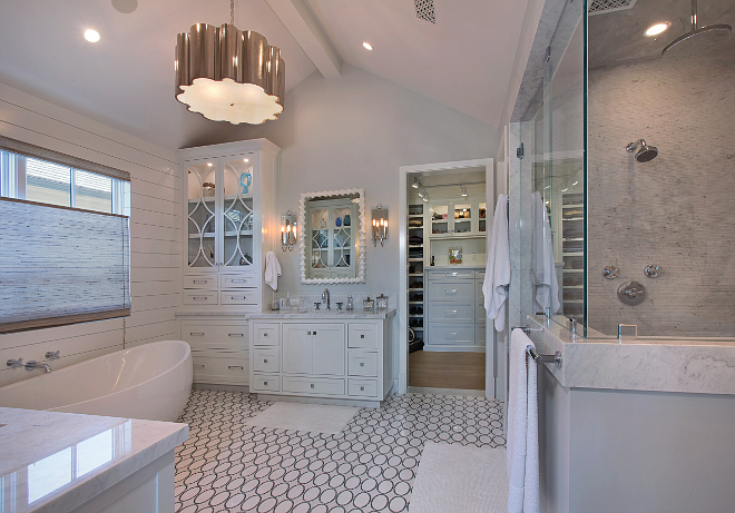 Master Bathroom. Lighting is from Visual Comfort. All cabinet hardware and door hardware by Emtek. Patterson Custom Homes. Interiors by Trish Steele of Churchill Design. 