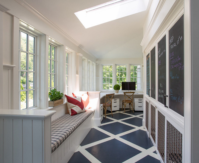 Mudroom home office. Mudroom with built-in cabinet door with chalkboard messages boards and window seat. #mudroom Siemasko + Verbridge