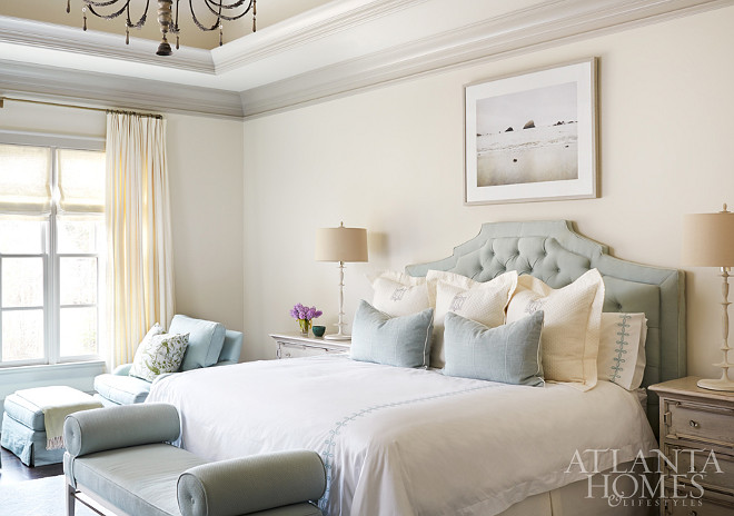 Neutral bedroom. with light blue decor. Neutral bedroom with light blue accents. Neutral bedroom with light blue decor #Neutralbedroom #lightbluedecor #bedroomdecor #bedroomaccents #bedromaccentcolor Amy Meier for Atlanta Homes & Lifestyles