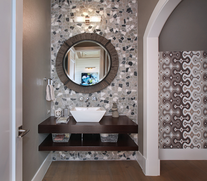 Powder Room Wall Ideas. Gorgeous powder room with a combination Martin Bullock wallpaper, Philip Jeffries seagrass and custom vanity with Kohler sink and wall mounted faucets. #powderRoom #PowderRoomWall #Wallideas #wallpaper Patterson Custom Homes. Interiors by Trish Steele of Churchill Design. 