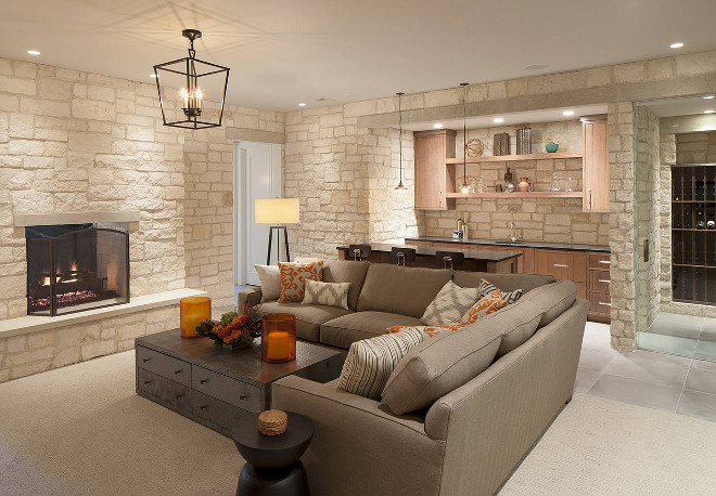 Basement. Basement living room fireplace. Basement stone walls. Basement bar. Basement #Basement Scott Christopher Homes.