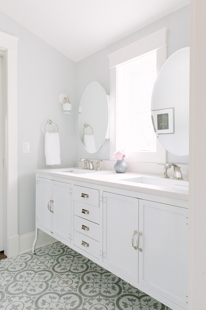 White bathroom with cement tile. White bathroom with cement tiles. White bathroom with cement tile ideas. White bathroom with cement tile #Whitebathroom #cementtile #cementtiles Kate Marker Interiors.