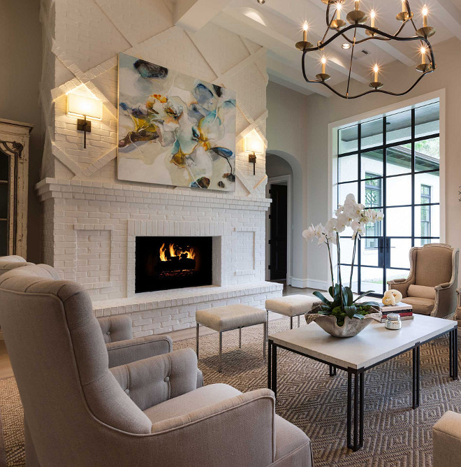Living room fireplace. Floor to ceiling white brick fireplace design. Floor to ceiling white brick fireplace. White brick fireplace. #Floortoceilingfireplace #whitebrickfireplace Elizabeth Garrett Interiors