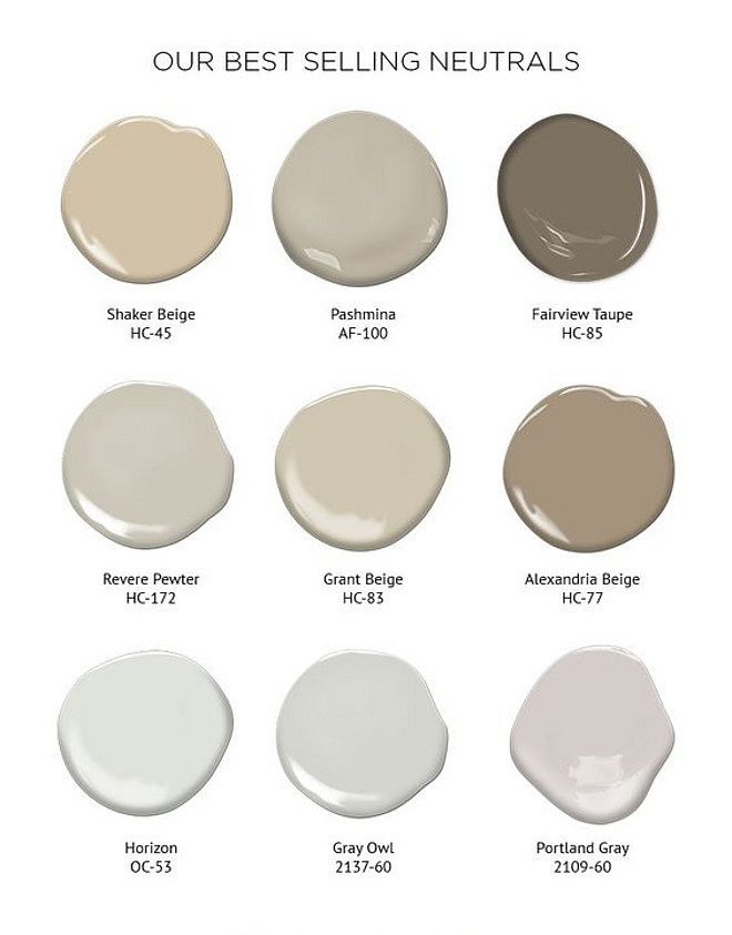 Benjamin Moore Best Selling Neutrals. These neutral paint colors are best sellers for a reason! Benjamin Moore Shaker Beige HC-45. Benjamin Moore Pashima AF-100. Benjamin Moore Fairview Taupe HC-85. Benjamin Moore Revere Pewter HC-172. Benjamin Moore Grant Beige HC-83. Benjamin Moore Alexandria Beige HC-77. Benjamin Moore Horizon OC-53. Benjamin Moore Gray Owl OC-52. Benjamin Moore Portland Gray 2109-60. #Benjaminmoorebestsellingneutrals #Benjaminmooreneutrals #Benjaminmoorepaintcolors