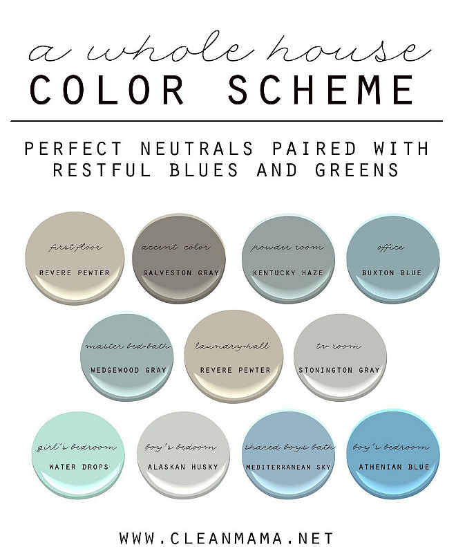 Easy Ideas to Choose Paint Colors for the Whole House. How to Choose a Color Scheme for Your Home. Neutral Paint Colors Paired with Restful Blues and Greens. First Floor: Benjamin Moore Revere Pewter. Accent Color Benjamin Moore Galveston Gray. Powder Room: Benjamin Moore Kentucky Haze. Office: Benjamin Moore Buxton Blue. Master Bathroom: Benjamin Moore Wedgwood Gray. Laundry Room and Hall: Benjamin Moore Revere Pewter. TV Room: Benjamin Moore Stonington Gray. Girl's Bedroom: Benjamin Moore Water Drops. Boys Room: Benjamin Moore Alaskan Husky. Kids Bathroom: Benjamin Moore Mediterranean Sky. Bedroom Benjamin Moore Athenian Blue. #WholeHousePaintColor #WholeHousePaintColors #WholeHouseColorScheme Via Clean Mama. 