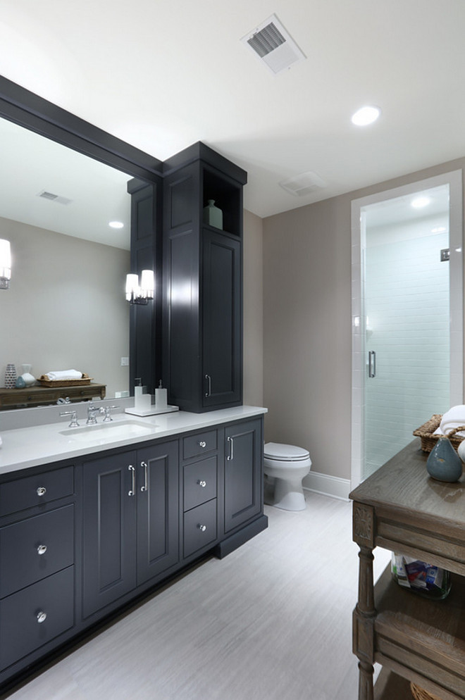 Charcoal gray bathroom cabinet. Charcoal gray bathroom cabinet with Revere Pewter by Benjamin Moore walls. Charcoal gray bathroom cabinet #Charcoalgray #bathroom #cabinet Francesca Owings Interior Design