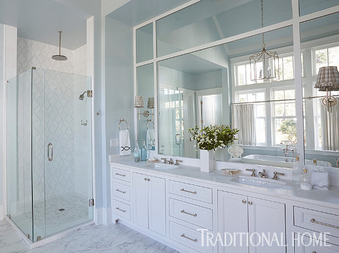 Farrow and Ball Borrowed Light. Master Bathroom Paint Color. Master bathroom walls carry a whisper of blue paint color - Farrow and Ball Borrowed Light. Underfoot, veining on the white tile adds contrast. #FarrowandBallBorrowedLight